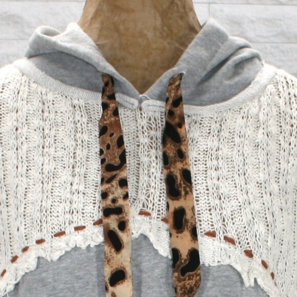 GIMMICKS Sweater Sweatshirt Hoodie Mixed Media Knit Cropped Top Lace Gray Cream - Picture 2 of 11